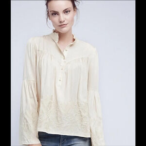 Anthropologie Eri + Ali Floral Embroidered Manor Bell Sleeve Blouse Henley sz.S